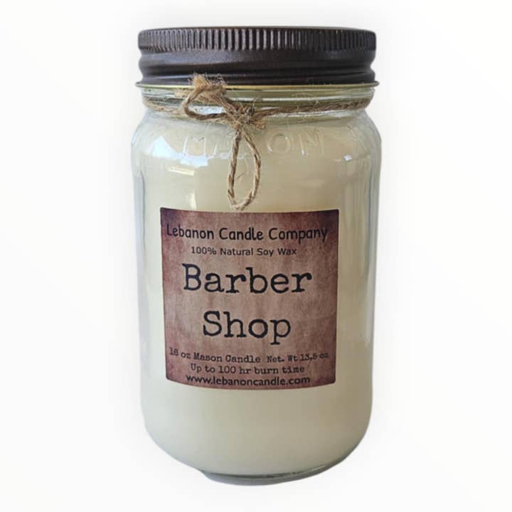 Vela de Barbería, Tarro Mason de 16,5oz, 100 horas de duración, Aromatizada de Soja, No Tóxica, Altamente Perfumada, Hecha a Mano en EE.UU., Cera de Soja Natural, Aroma Duradero para venta al por mayor de Lebanon Candle Company
