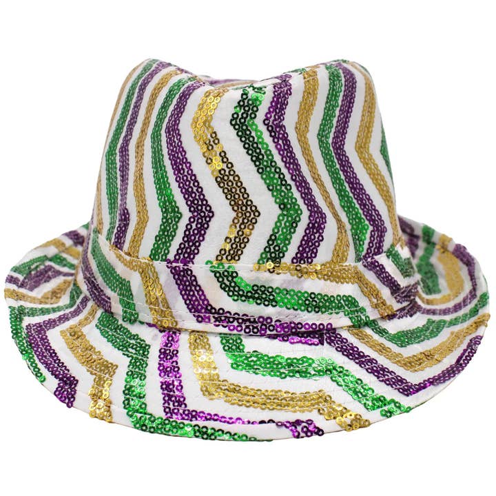Plush Appeal LLC - Wholesale Fedora - Women's - Purple, Green and Gold Sequins Stripes on White Fedora (Each)