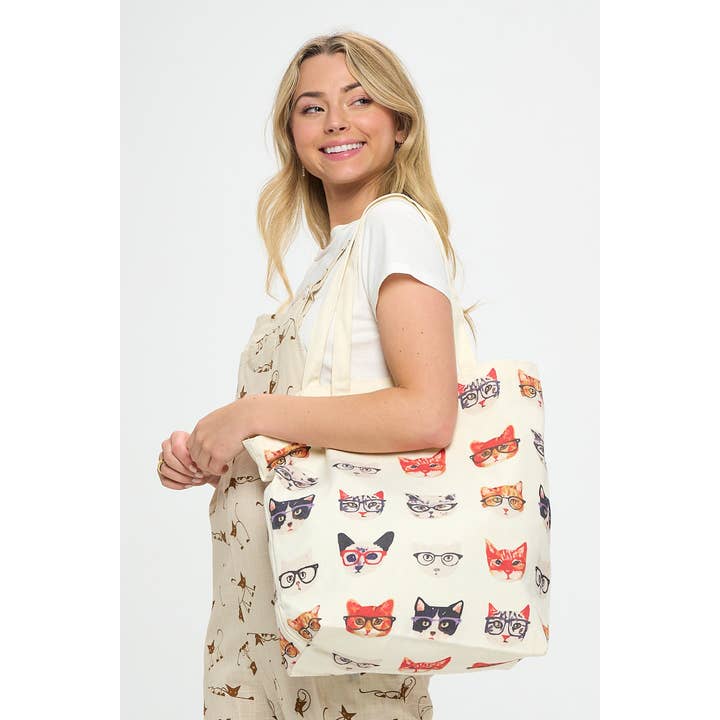 SM WARDROBE – Sacola - Mulher por atacado – Bolsa Tote Kitty com Estampa de Gatos e Óculos3