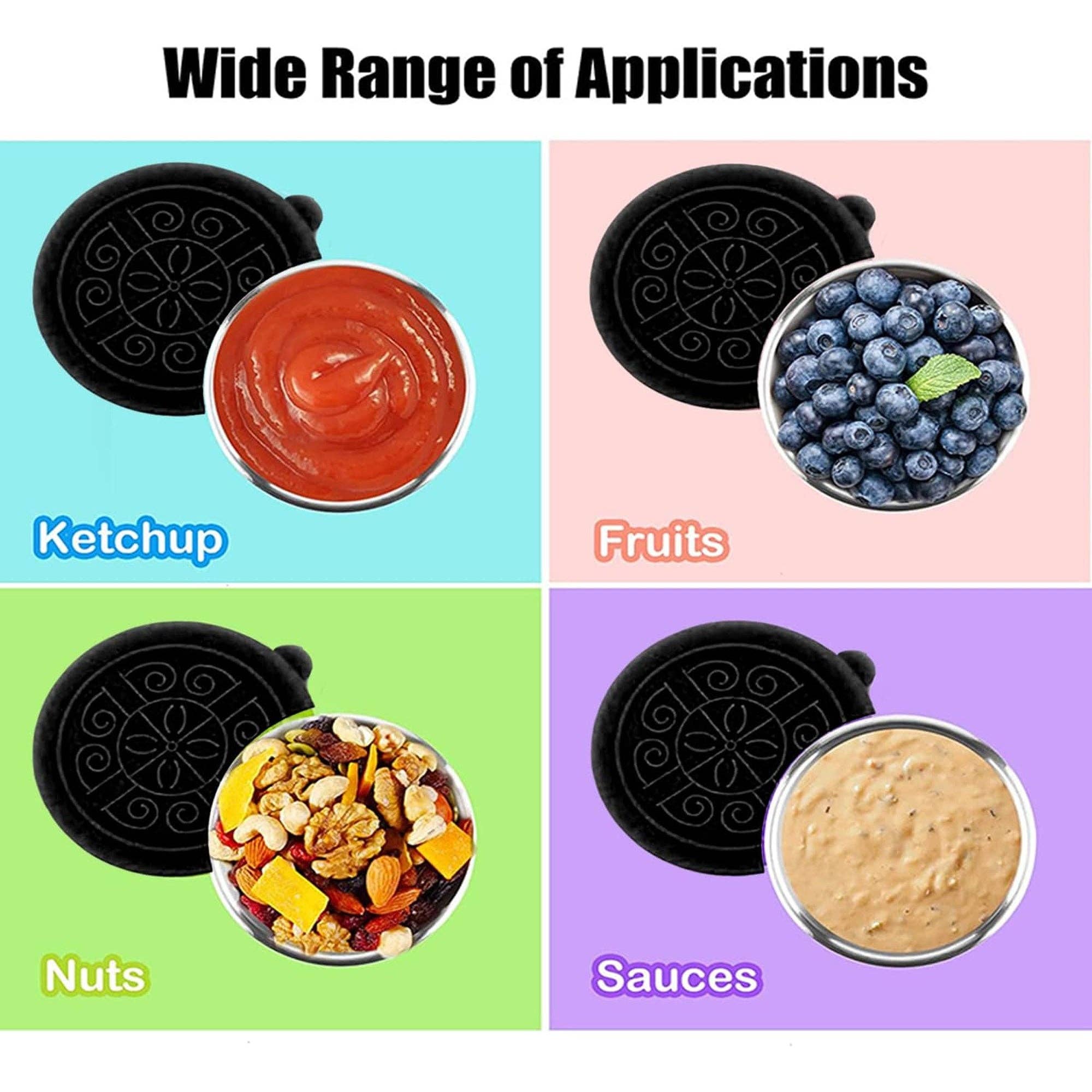 Vigor Path - Wholesale Voedselopslagcontainer - Set van 6 salade-dressingcontainers voor onderweg: kleine sauscontainers met deksels, herbruikbare roestvrijstalen sausbekers, lekvrije siliconen deksels voor bentobox, picknick en reizen (zwart - 70 ml)5