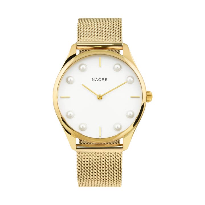 Nacre Lune 8 Watch Pearl Marker Dial Gold & White -Gold Mesh for wholesale by Nacre