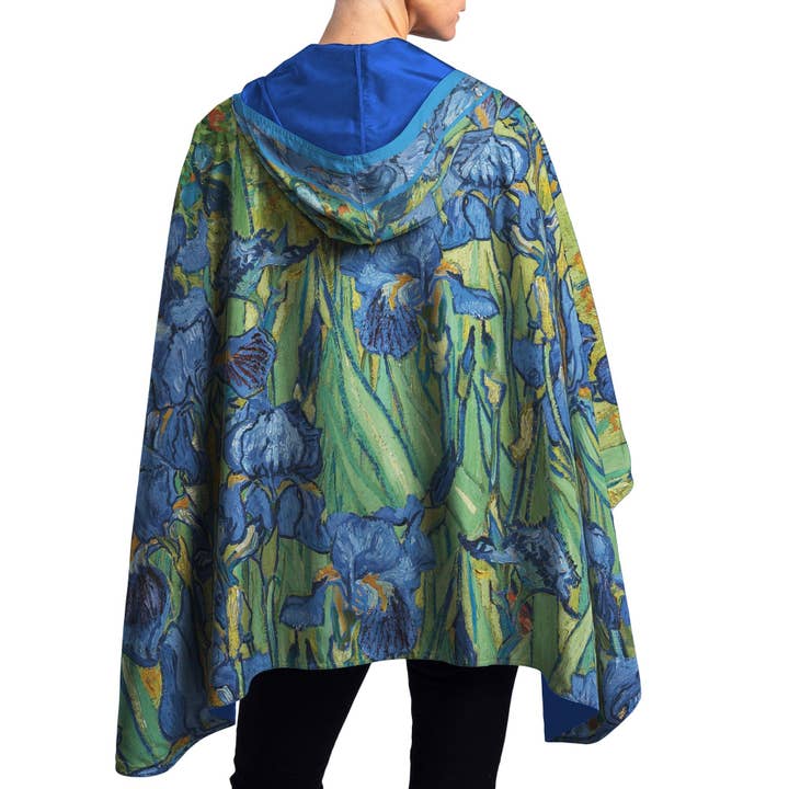 van Gogh Irises Reversible Rain Cape – Lightweight Hooded Wrap for Women for wholesale by RainCaper