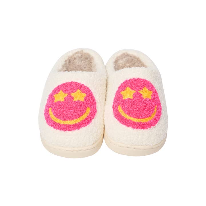Malibu Sugar - Wholesale Slippers - Kids - Girls Plush Smiley Face w/ Star Eyes Slippers for Kids