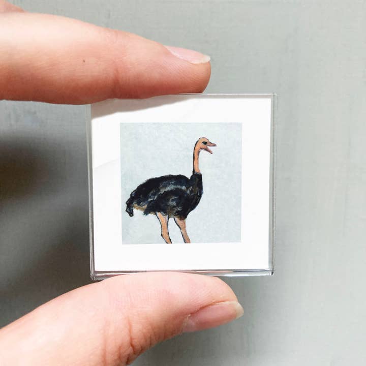 Mini 1" Ostrich Animal Tiny Watercolor Framed Art Print for wholesale by Mick's Art Goods