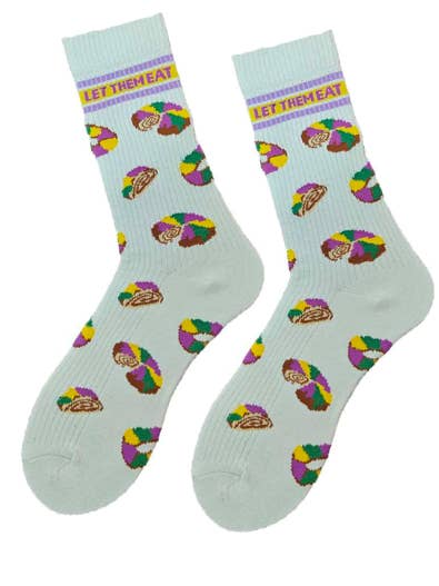 Mardi Gras Creations - Wholesale Socks - Unisex - White Let Them Eat King Cake Ribbed Socks5