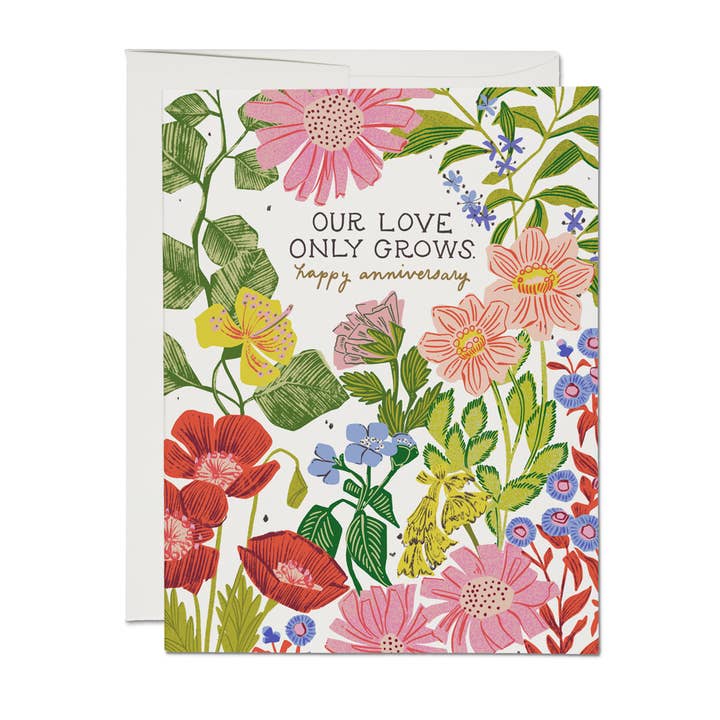 Our Love Only Grows anniversary greeting card for wholesale by Red Cap Cards