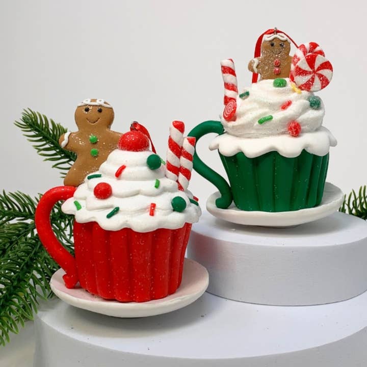 WINTER HOLIDAYS SAUCER CUP OF CHEER ORNAMENT 2 ASST. 3.5" for wholesale by David Christopher's Collection