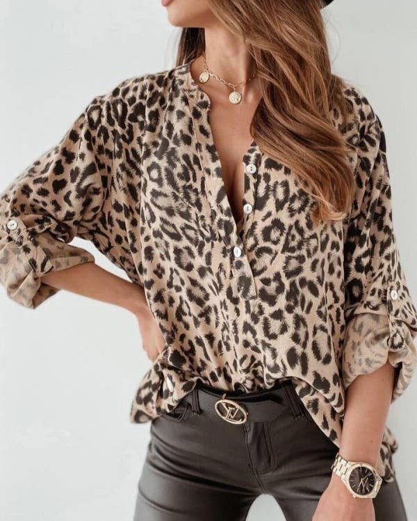 Rosa Clothing - Wholesale Shirt - Women's - Chic Leopard Print Button-Front Blouse3
