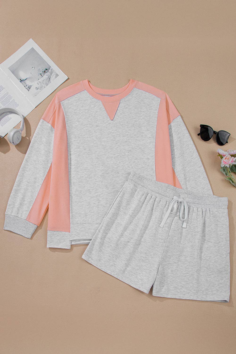 Light Grey Uneven Hem Colorblock Pullover Casual Shorts Plus Size 2pcs Outfit for wholesale on Faire6
