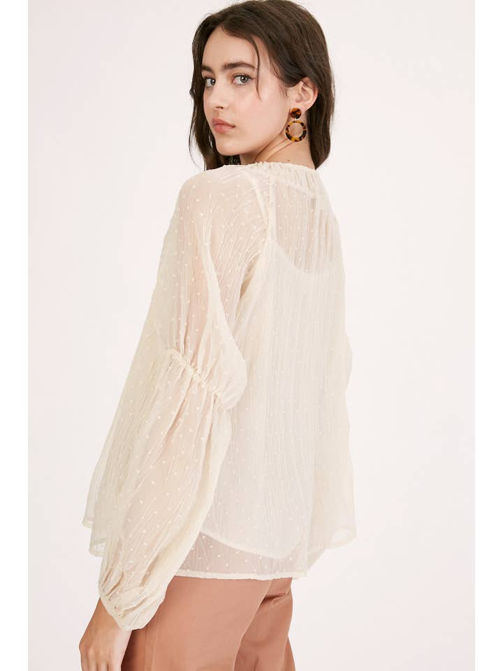 Champagne Swiss Dot Tassel Tie Blouse LT1016 for wholesale on Faire9