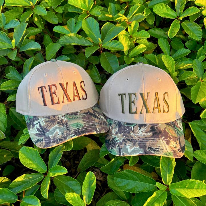 TEXAS Camo Two-Toned Structured Cap for wholesale by Stitch and Press HTX LLC