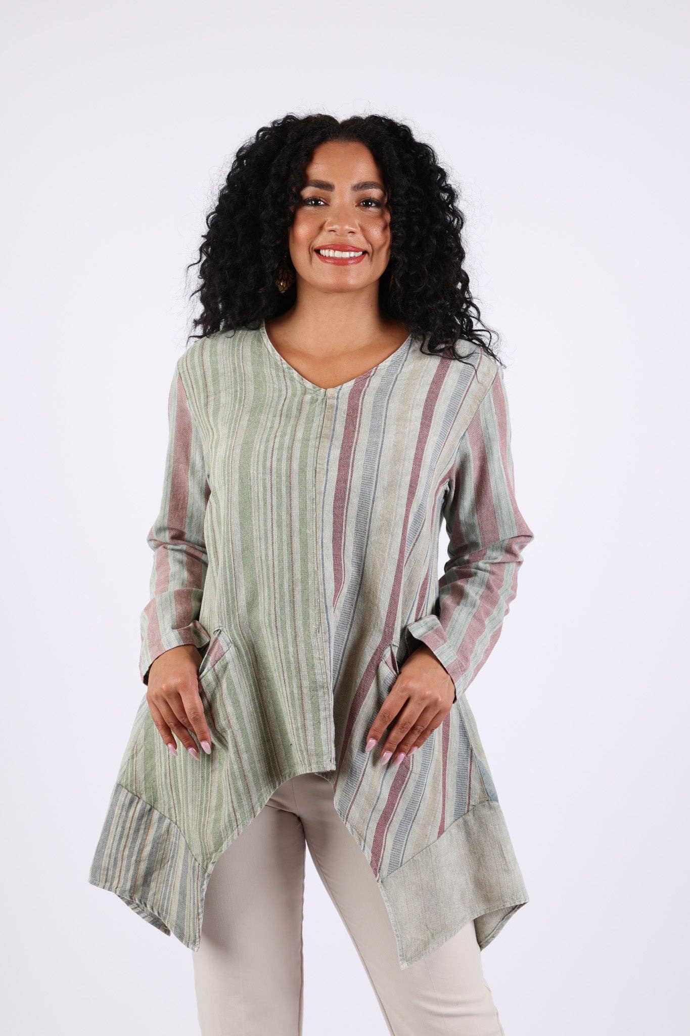 Sacred Threads - Venta al por mayor Túnica - Mujer - Túnica Patchwork: Verde Salvia con Rayas0