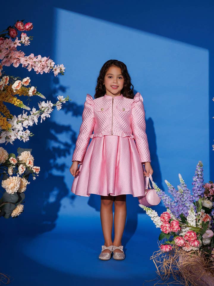 Pink Chic Dress With Matching Jacket And Bag 3-7 Age 35391pr for wholesale by Pamina Kids