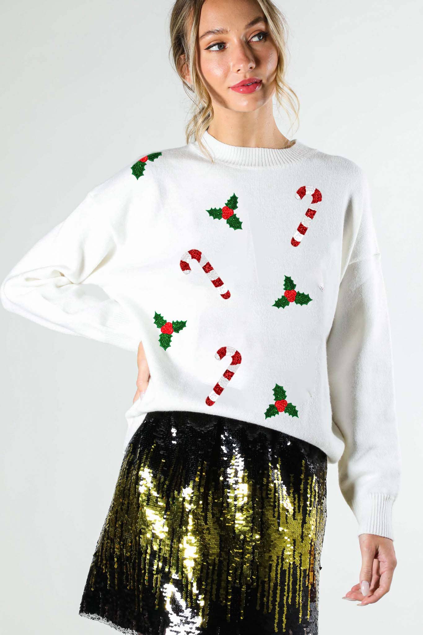 Vine & Love - Venta al por mayor Jersey de punto - Mujer - Jersey con cuello redondo adornado con lentejuelas de bastón de caramelo VT81743B10