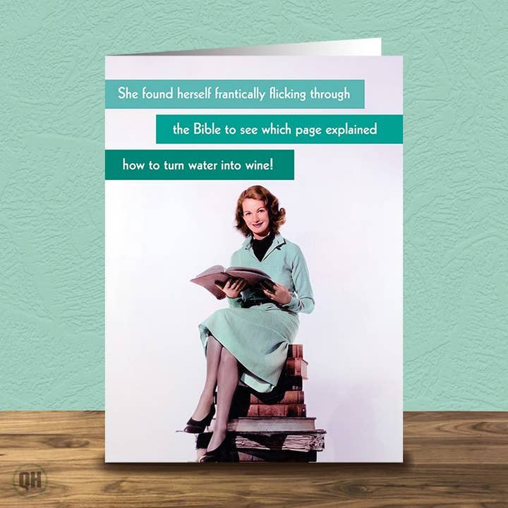 Funny Retro Greetings Card - Frantically Flicking Bible for wholesale by Quitting Hollywood