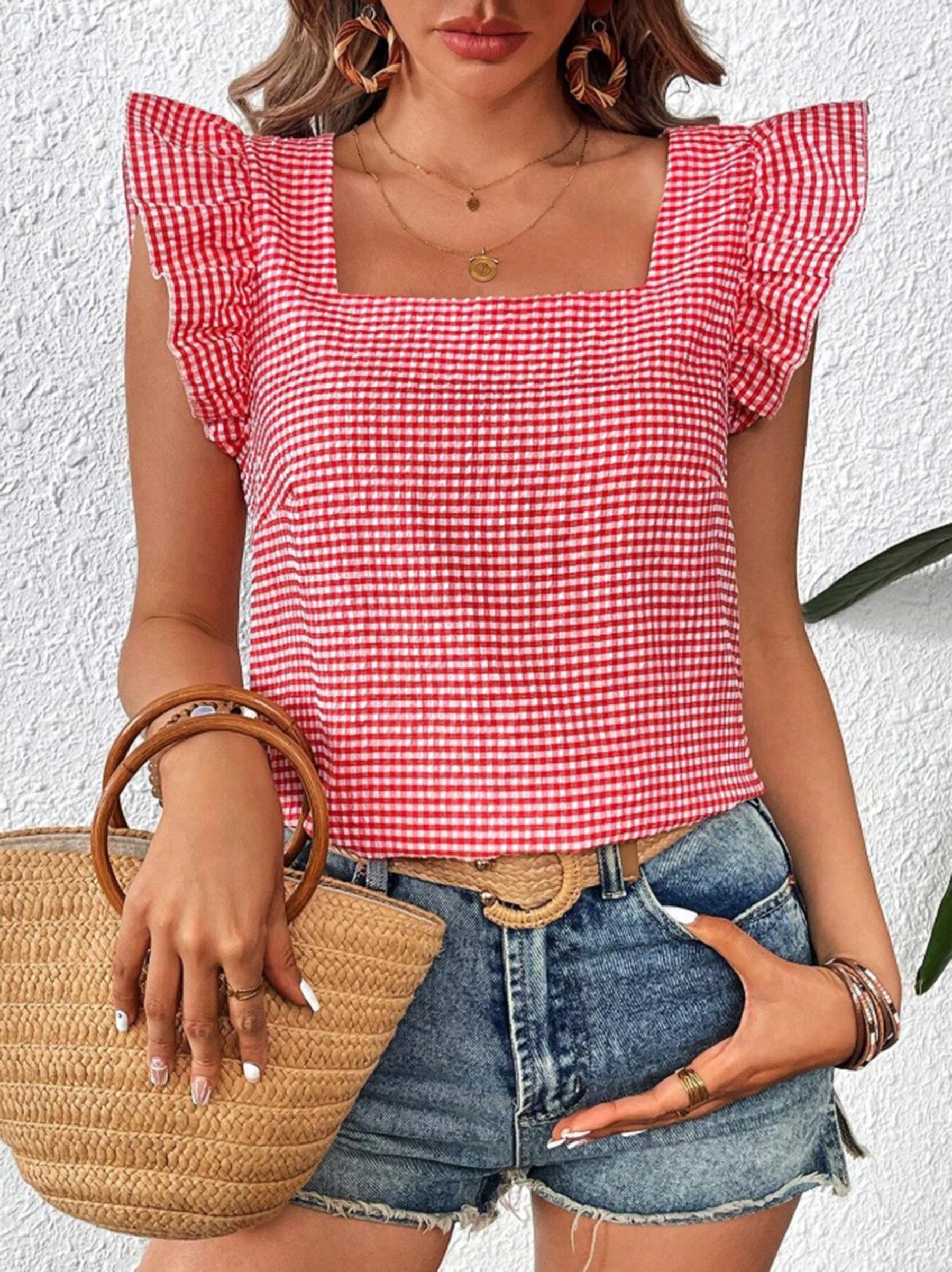 Wholesalesir - Wholesale Blouse - Women's - Checkered Square Collar Ruffled Shirt Top5