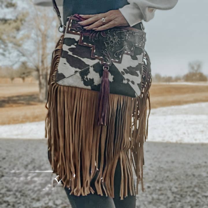 Texas Western Cowhide Bags and More - Wholesale Crossbody Bag - Women's - Fort Worth Tooled Leather Cowhide Crossbody, Shoulder Bag