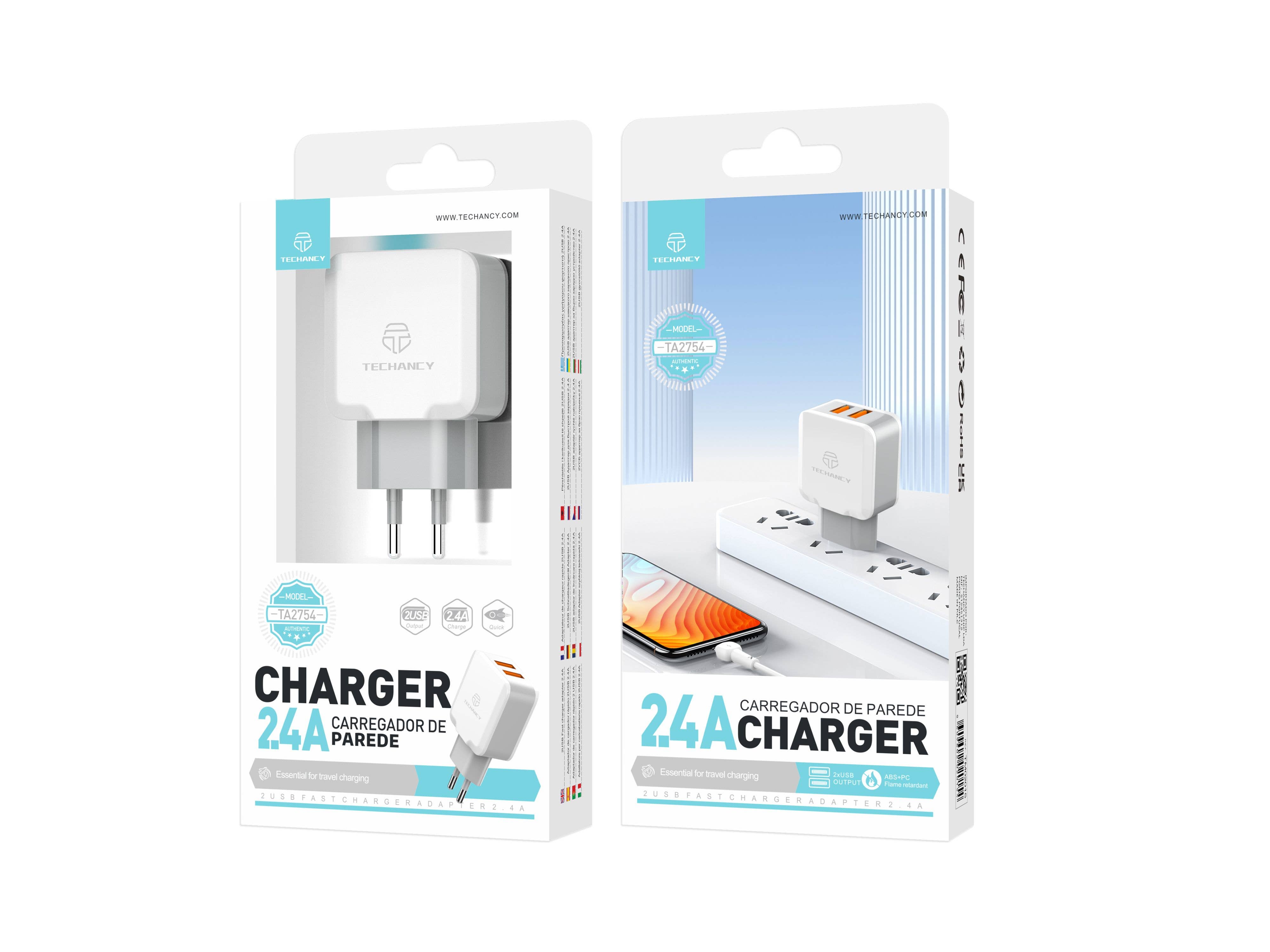 TECHANCY - Wholesale Power Adapter - Techancy Wall Charger with 2 USB Ports 2.4A, Fast Charging A2