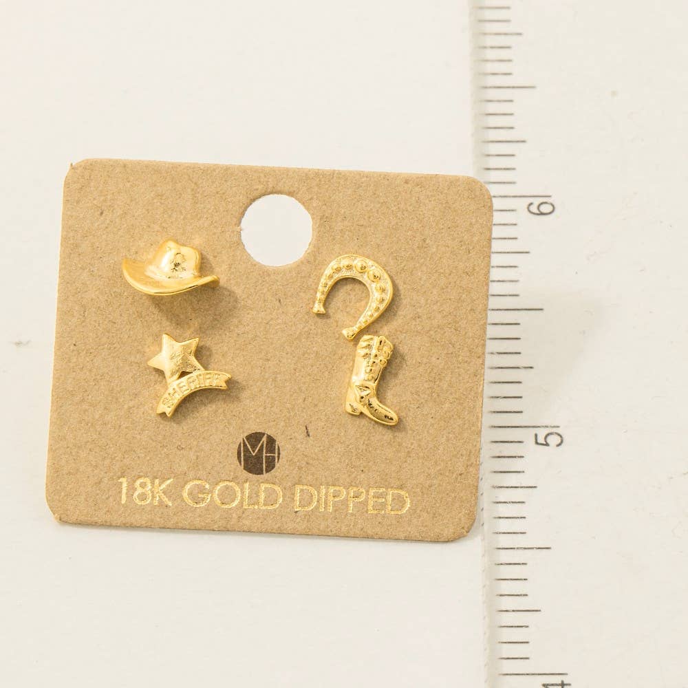 Fame Accessories - Wholesale Stud/Post Earrings - Western Gold Dipped Western Sheriff Theme Stud Earrings Set3