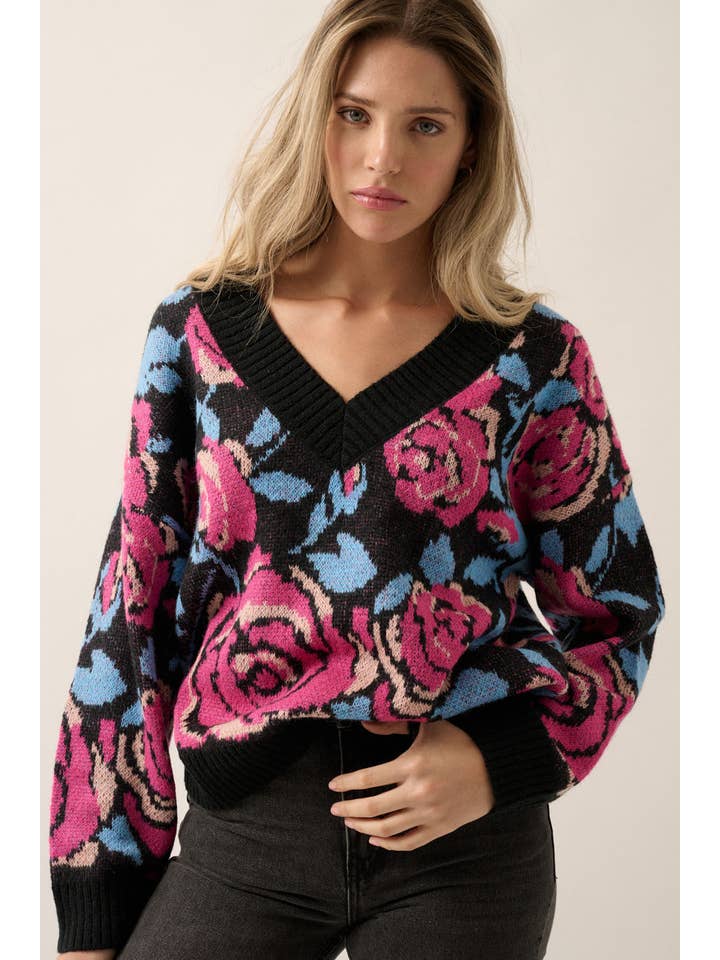 Promesa USA - Wholesale Knit Sweater - Women's - Floral V Neck Long Sleeve Loose Fit Sweater