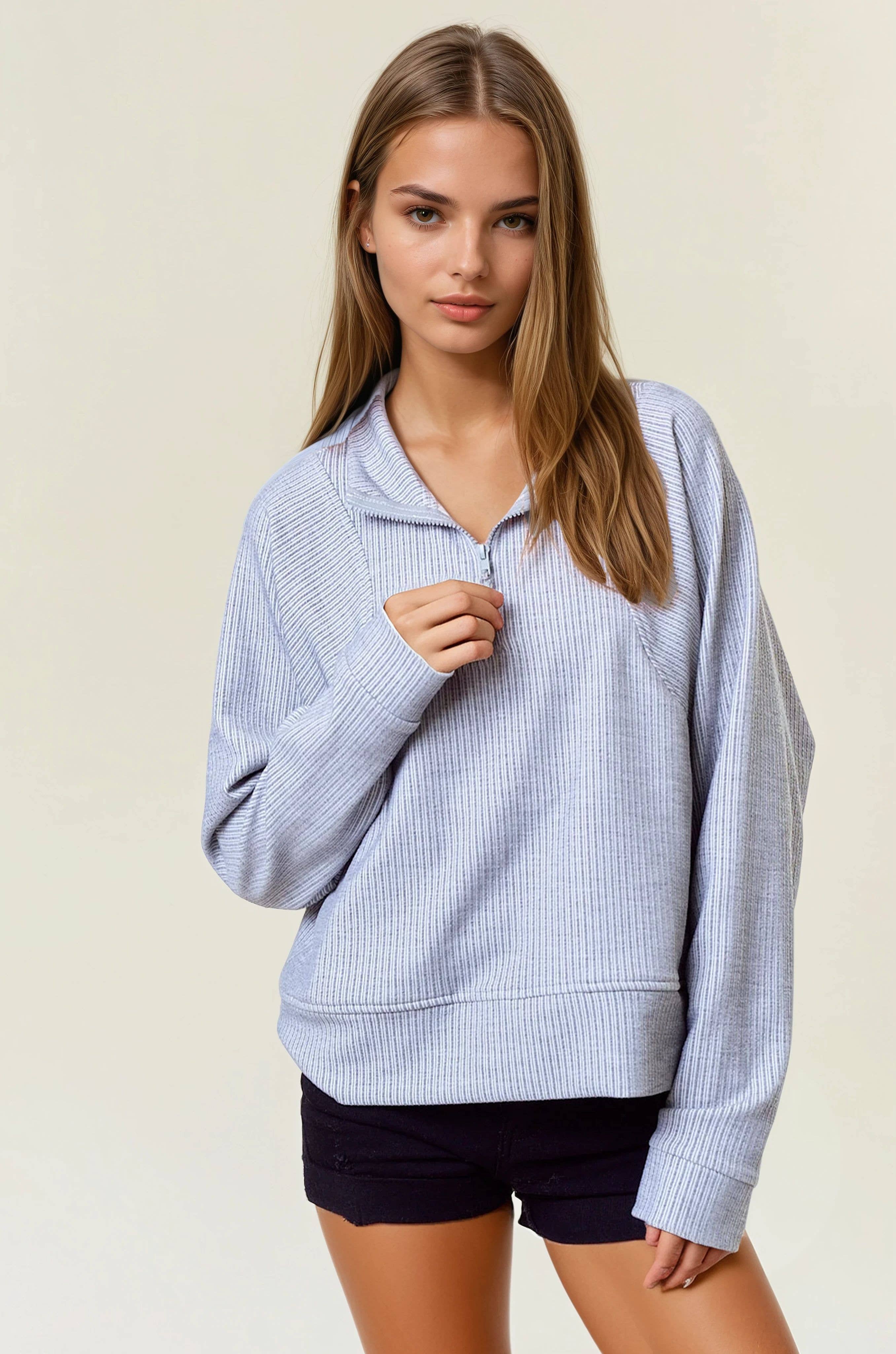 Doe and Rae - Wholesale Sweatshirt - Women's - Stripe Textured Half Zip-Up Long Sleeve Sweatshirt -43836T-15