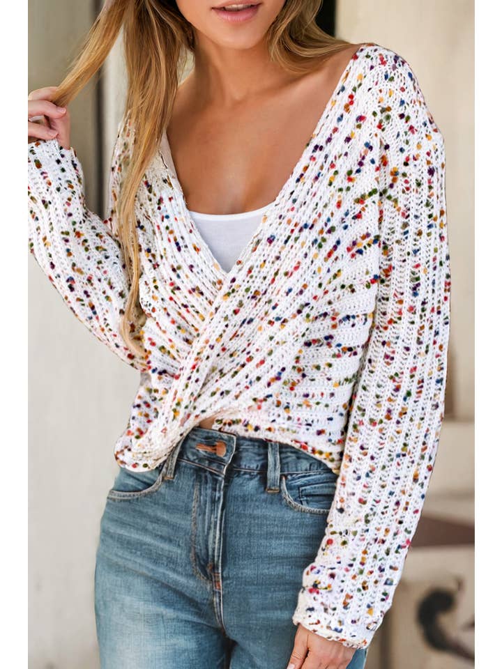 White LDC Confetti Reversible Twist Sweater for wholesale on Faire