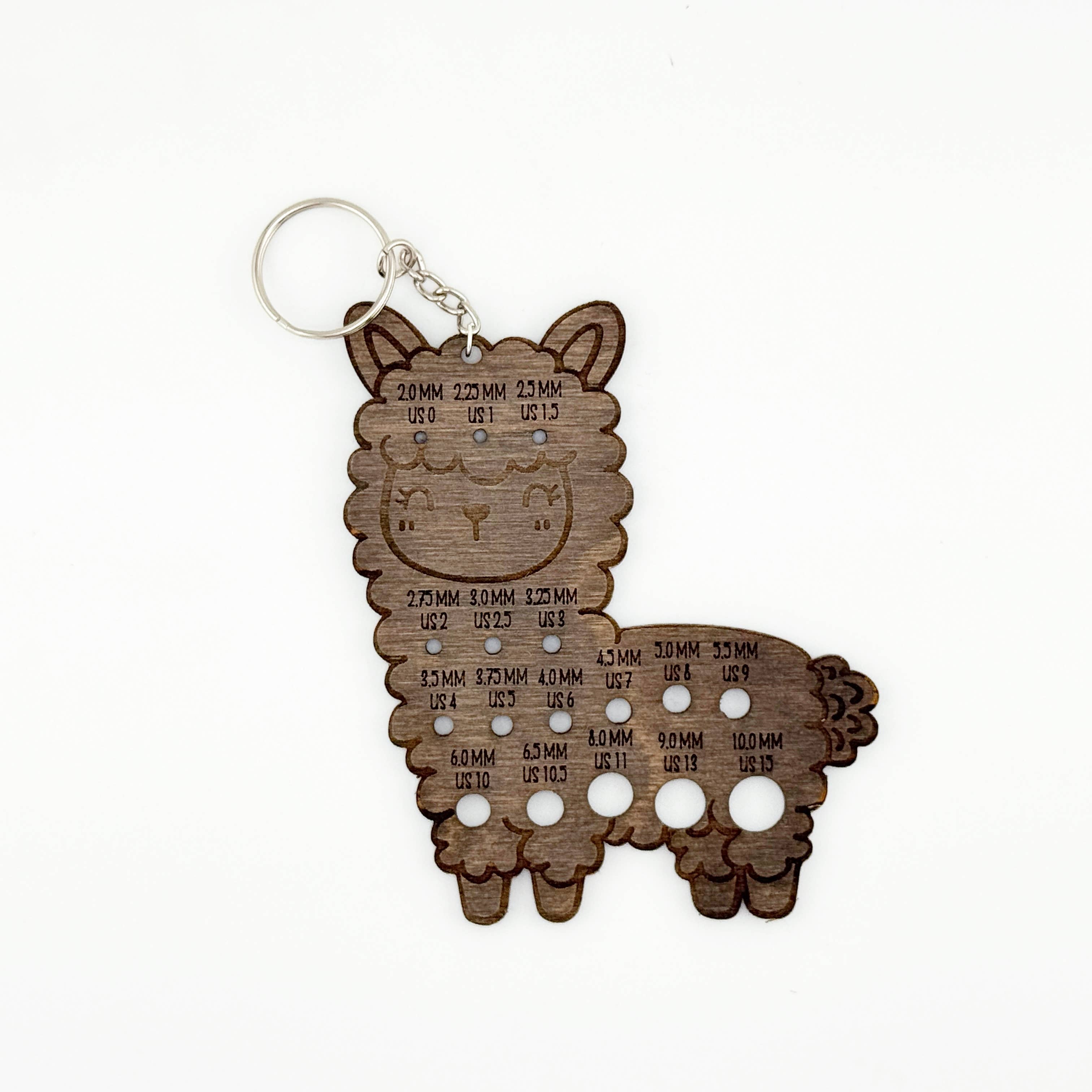 Art by Erica H & Rebel Stitchers - Wholesale Knitting/Crochet Supplies - Alpaca Knitting Needle Gauge Wooden Keychain 3.7 x 4.4" 3