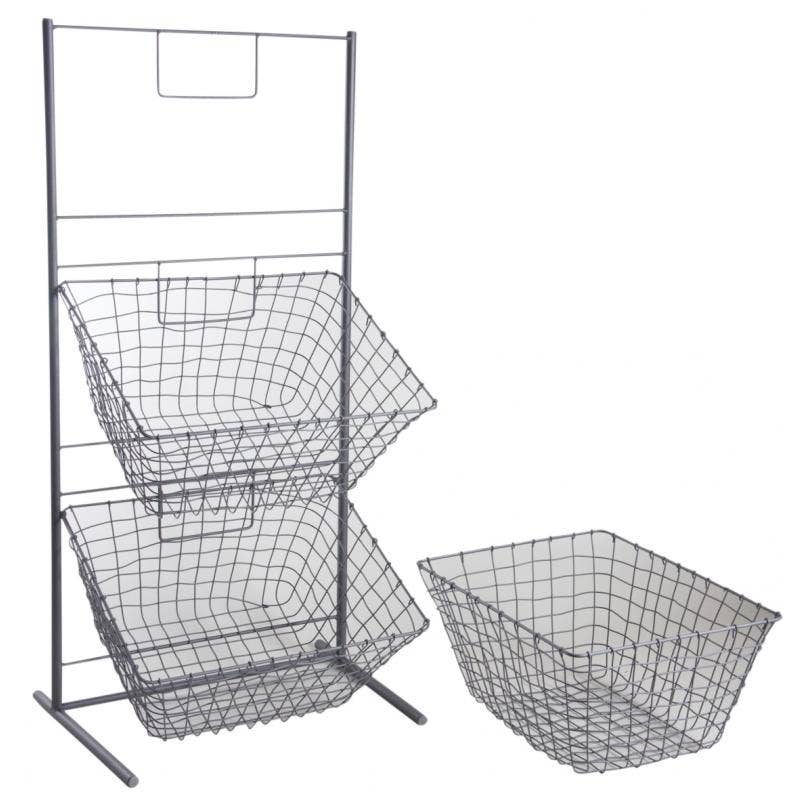 Aubry Gaspard - Vendita all'ingrosso Vetrina/espositore per rivenditori - Espositore in metallo grigio con 3 cesti rettangolari1