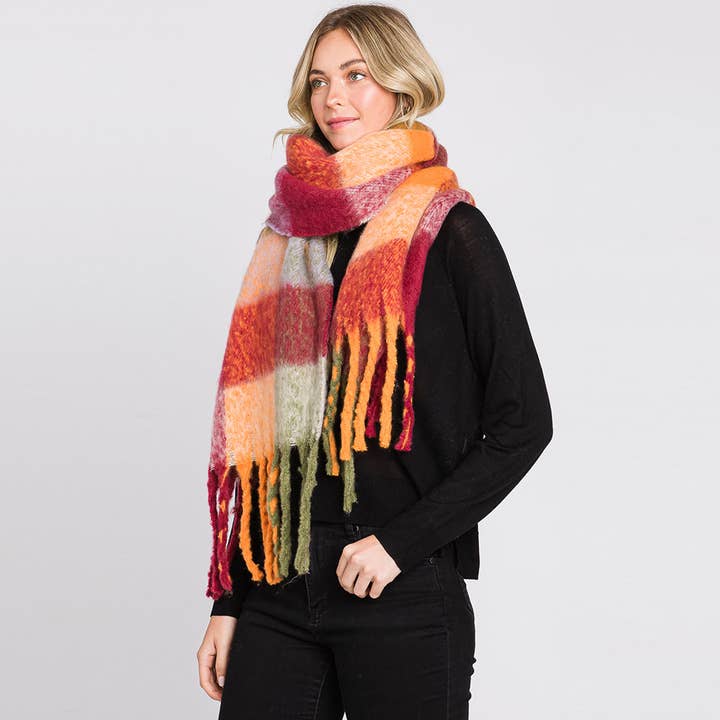 Sensibling Corp. – Cachecol - Mulher por atacado – Cachecol multicolor xadrez estampado com franja oblong17