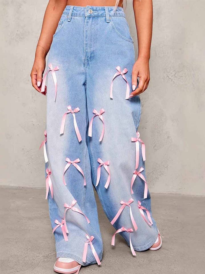 Damer Farveblok Sløjfer Brede Ben Denim Bukser for engroshandel hos Sweetkama