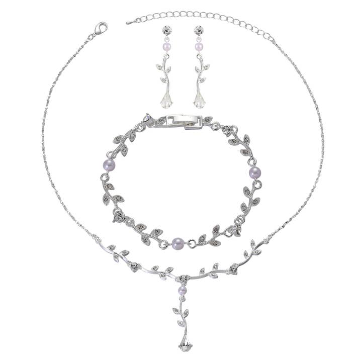 3pcs Silver Crystal & Faux Pearl Bridal Jewelry Set for wholesale by Cool Crystals