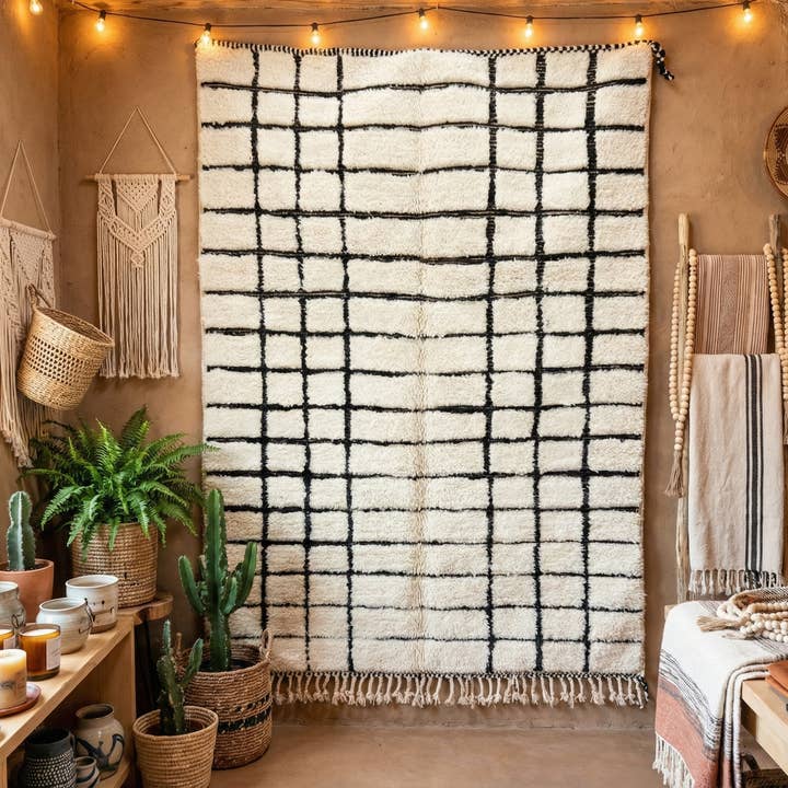 Tapete Marroquino BeniOurain Forrado - Tapete de Lã para Quarto - Preto e Branco por atacado de woolsouk ( We handle U.S. import procedures for you )