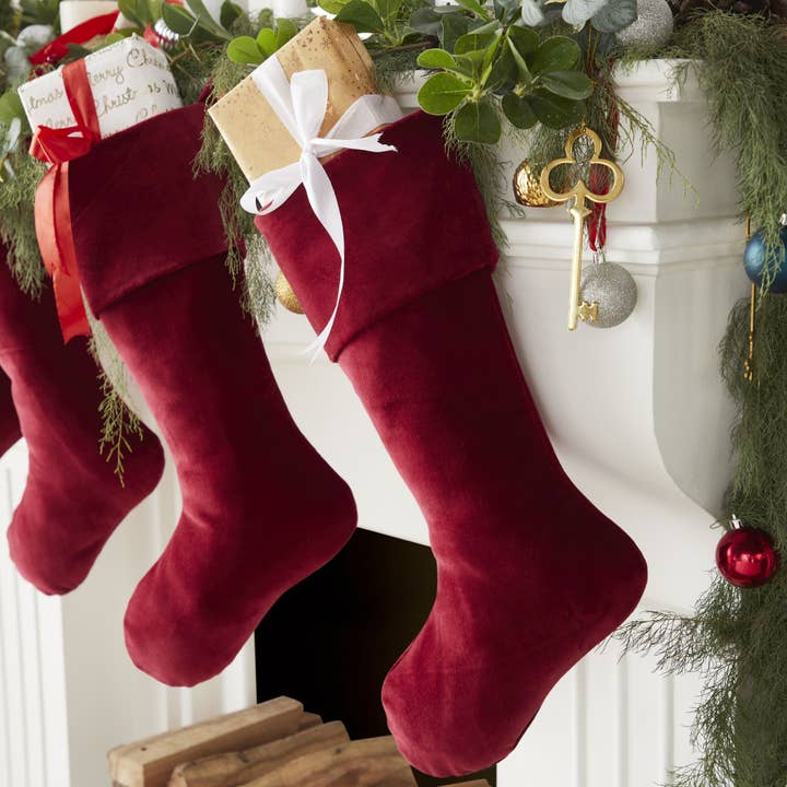 Handmade Garnet Red Velvet Christmas Stocking- 20", Classic for wholesale by Arcadia Home