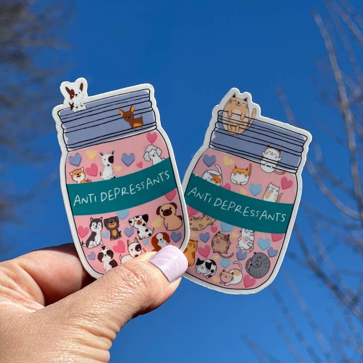 Peach Tree Design Shop – wholesale Klistermärke – Söt katt och hund älskare antidepressiva mental hälsa klistermärke