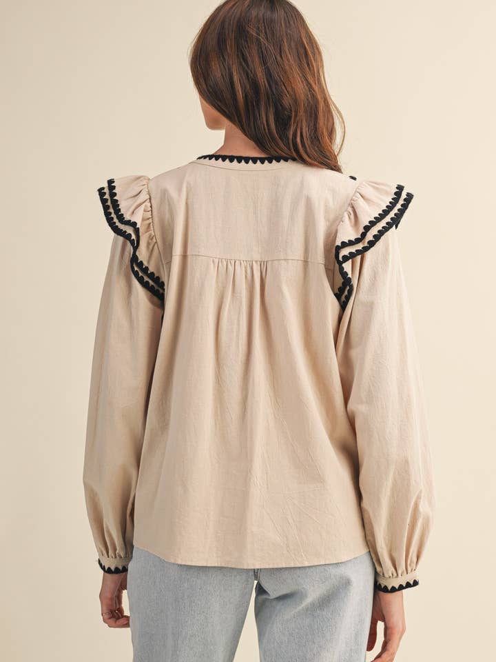 &MERCI - Wholesale Knit Top - Women's - RUFFLED BALLOON SLEEVE TOP WITH CONTRAST STITCH MTP402317