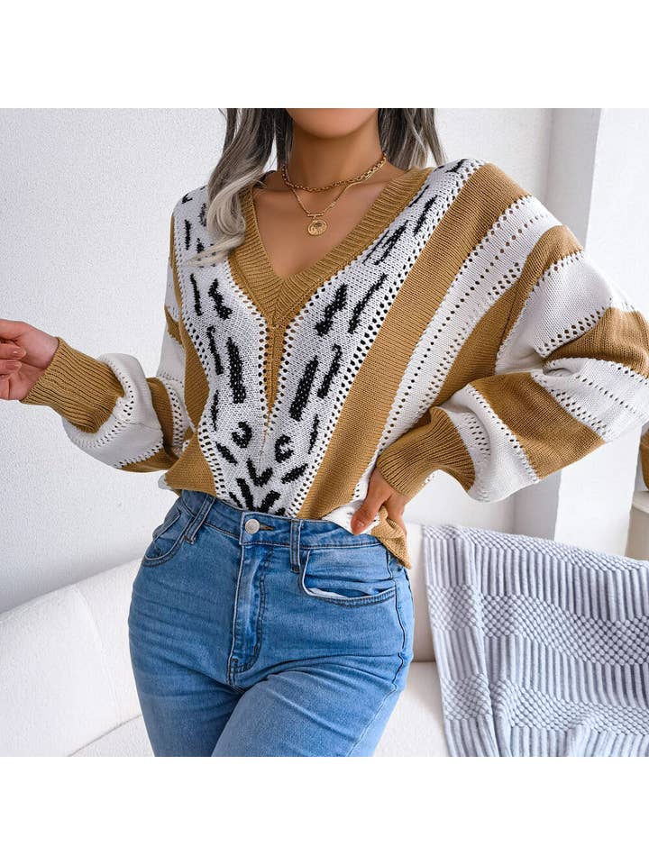 madeinclothinginc - Wholesale Knit Sweater - Women's - Knitted V-Neck Leopard-Print Long-Sleeved Sweater