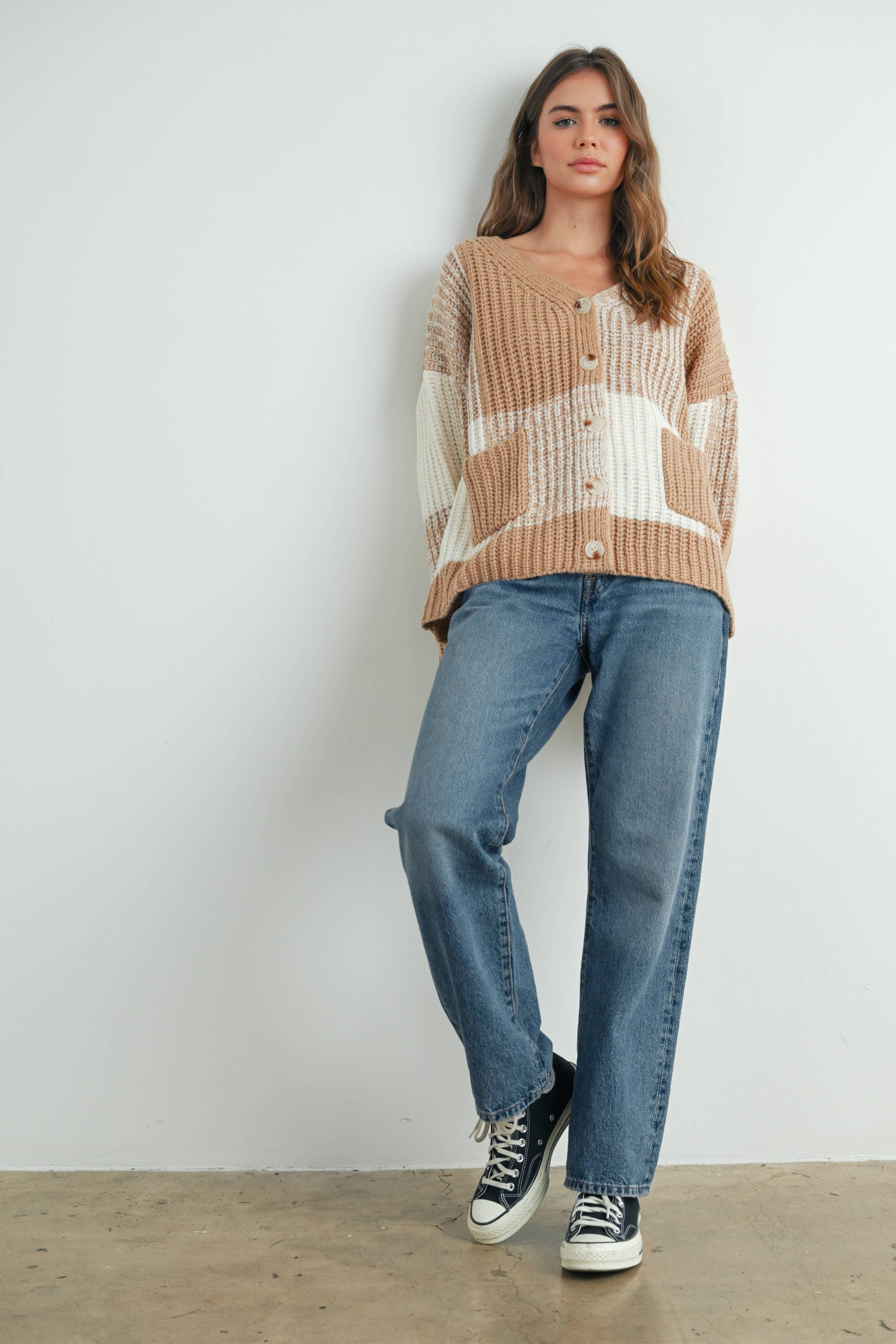 BUTTERMELON - Vendita all'ingrosso Cardigan - Donna - Cardigan oversize a quadretti con spalla scesa - BMC76070