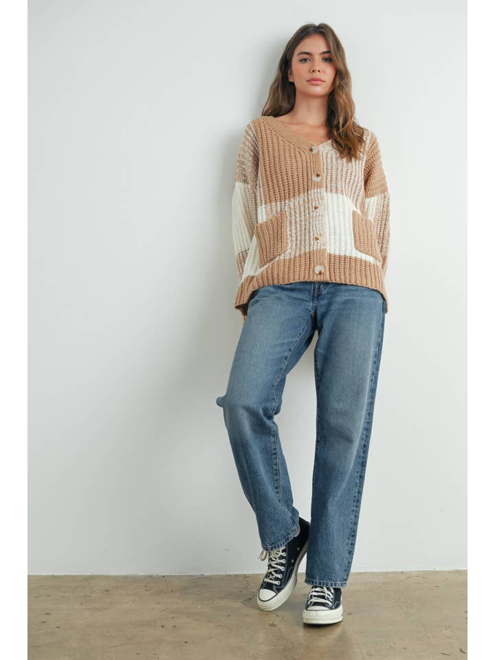 BUTTERMELON - Vente Cardigan – femme - Cardigan surdimensionné à carreaux à épaules tombantes - BMC76070