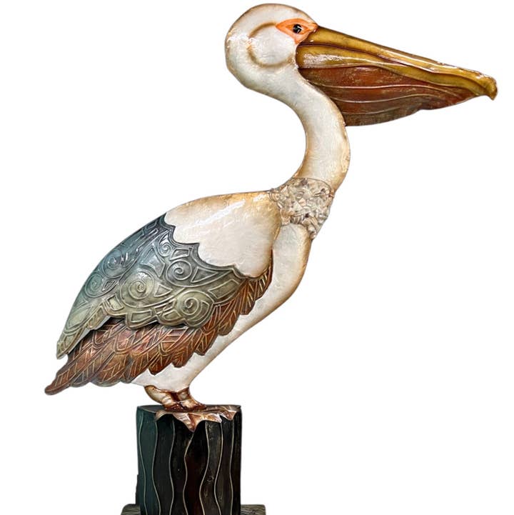 Elegant Pelican Metal & Capiz Shell Statue for wholesale by Bamboo Source Tropical Decor