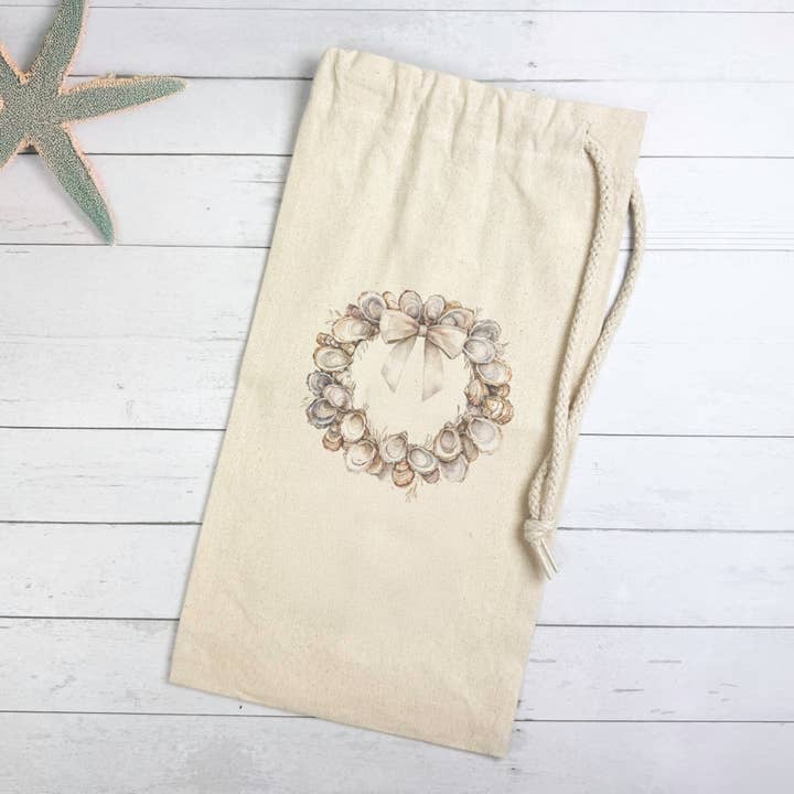 Couronne d'huîtres - Sac à vin en toile personnalisable pour Noël pour la vente par Cottage Shore