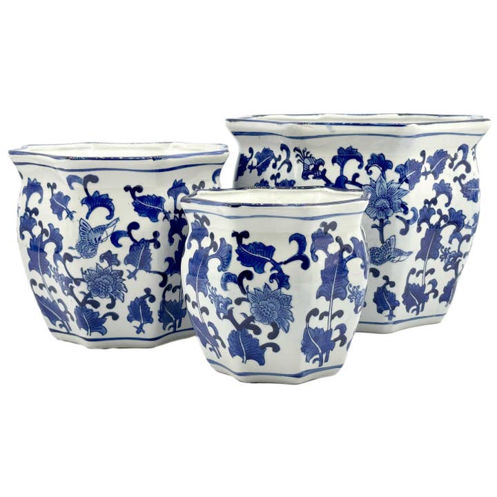 Galt International Company - Wholesale Plant Pot - Set of 3 - 7.5"/10"/13" Ceramic Chinoiserie Planter Pot Set8