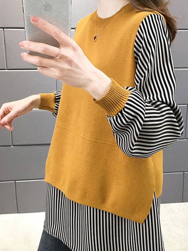 ShieldChic - Wholesale Knit Sweater - Women's - Original Loose Split-Joint 5 Colors Striped Round-Neck Long Sleeves False Two Sweater Top11
