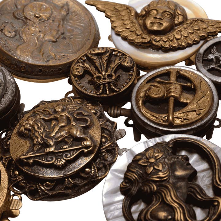 Vintage Style Base Metal Picture Button Clasps - Ornate Mixed Designs Lot of 13 for wholesale by Continental Beads