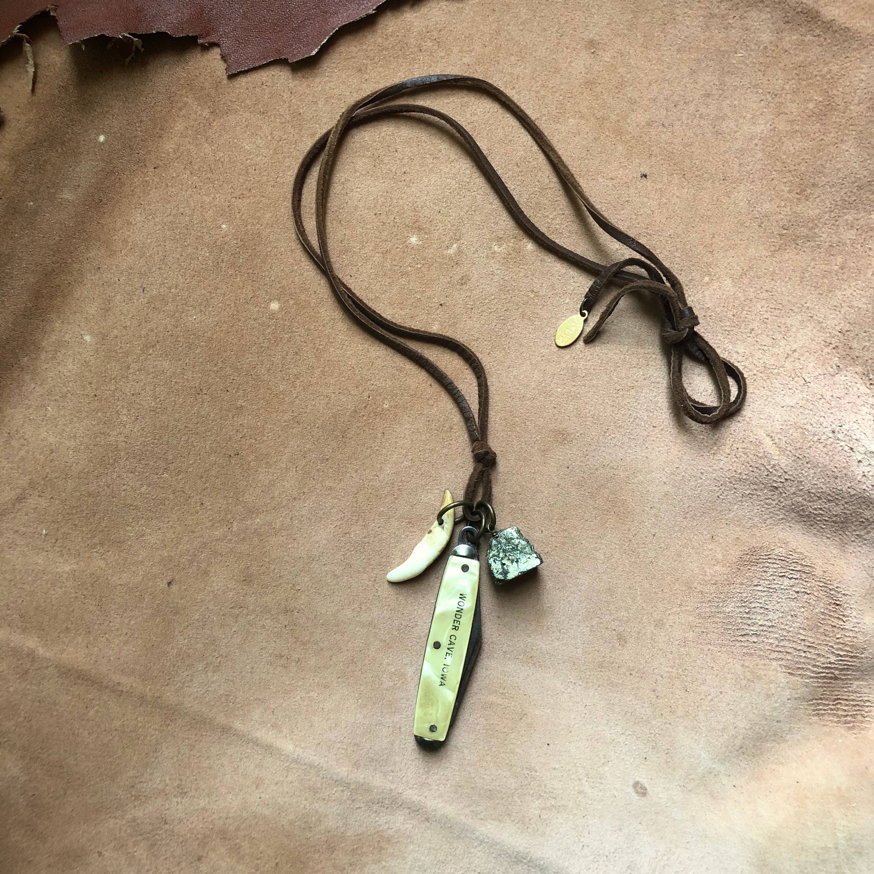 ASTALI - Wholesale Pendant/Charm Necklace - Vintage Pocket Knife & Coyote Tooth Necklace, Pyrite, Real11