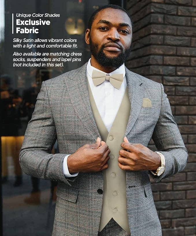 Dubal Brothers - Wholesale Suit Vest - Men's - Vittorio Farina Solid Satin Vest Set (White Back) Var. 01 (Beige-Maize)3