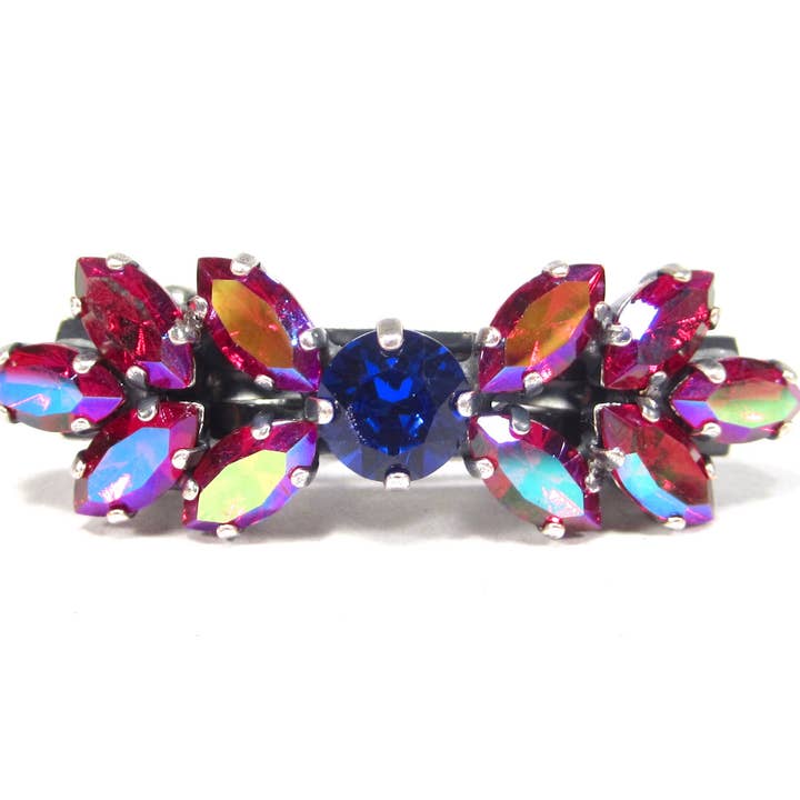 1960s Rhinestone Red Blue Hair Clip Handmade In Cologne for wholesale by SoHo Schmuckmanufaktur