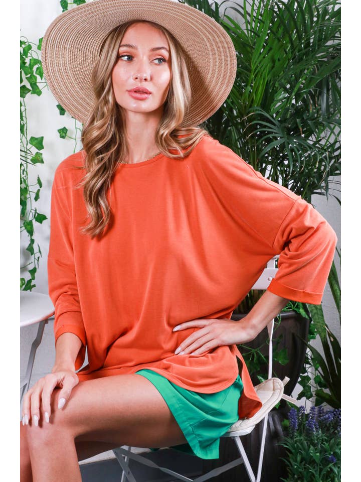 Vine & Love - Wholesale Knit Top - Women's - Crew Neck 3/4 Roll-Up Sleeve Cupro Knit Top VT81810