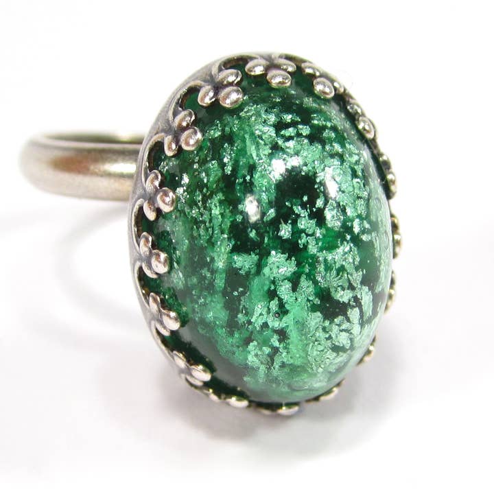 SoHo® Ring Vintage Bohemia Oval Green Silver Glass Stone for wholesale by SoHo Schmuckmanufaktur