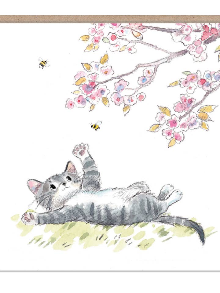 Söt katt kort - katt under blommande träd för wholesale av Paper Shed Design Ltd