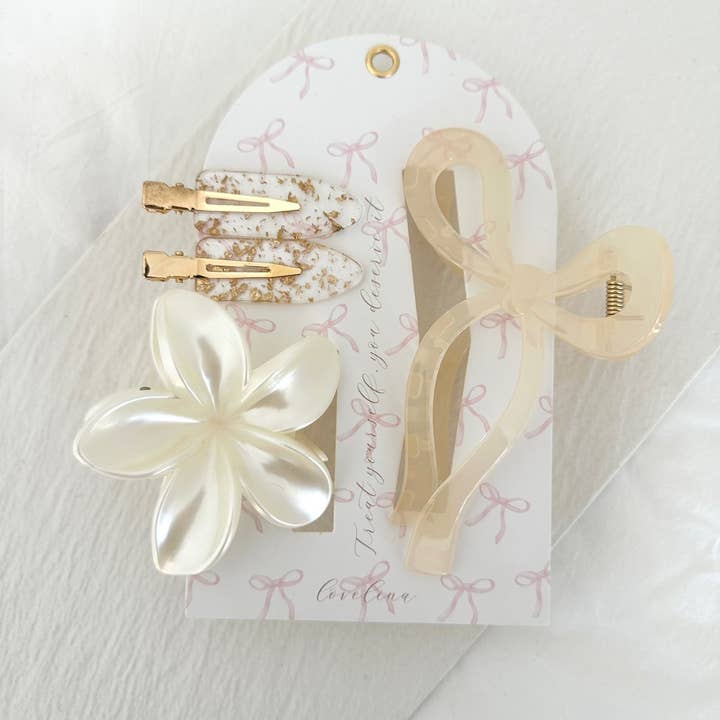 4 Hair Clips Set Gold Pearl Bow Set (SOFA) for wholesale by LoveLina